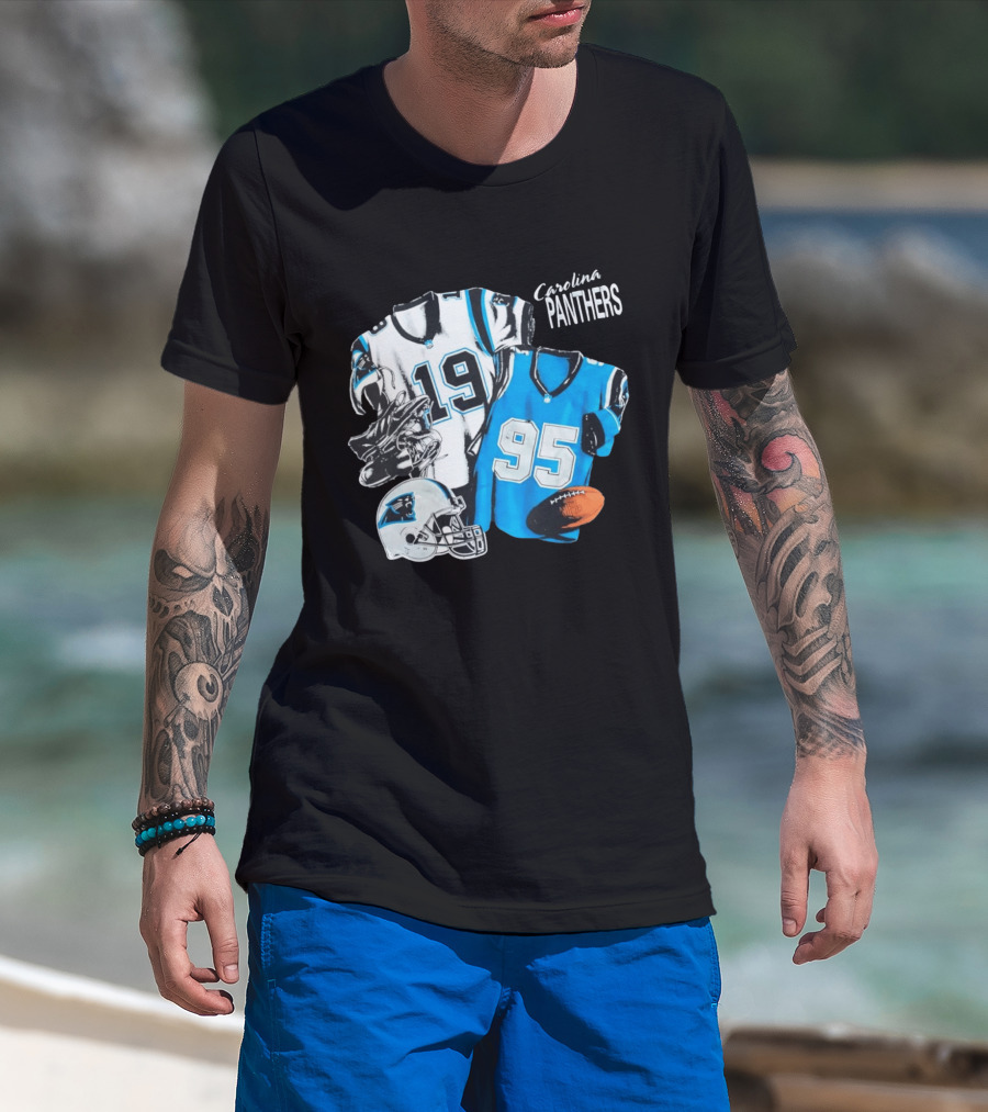 Carolina Panthers 19 95 Jerseys And Helmet With Football T-Shirt