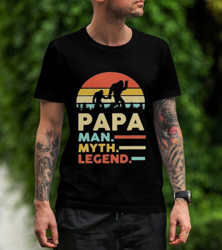 Papa Man Myth Legend Bigfoot Retro Sunset T-Shirt