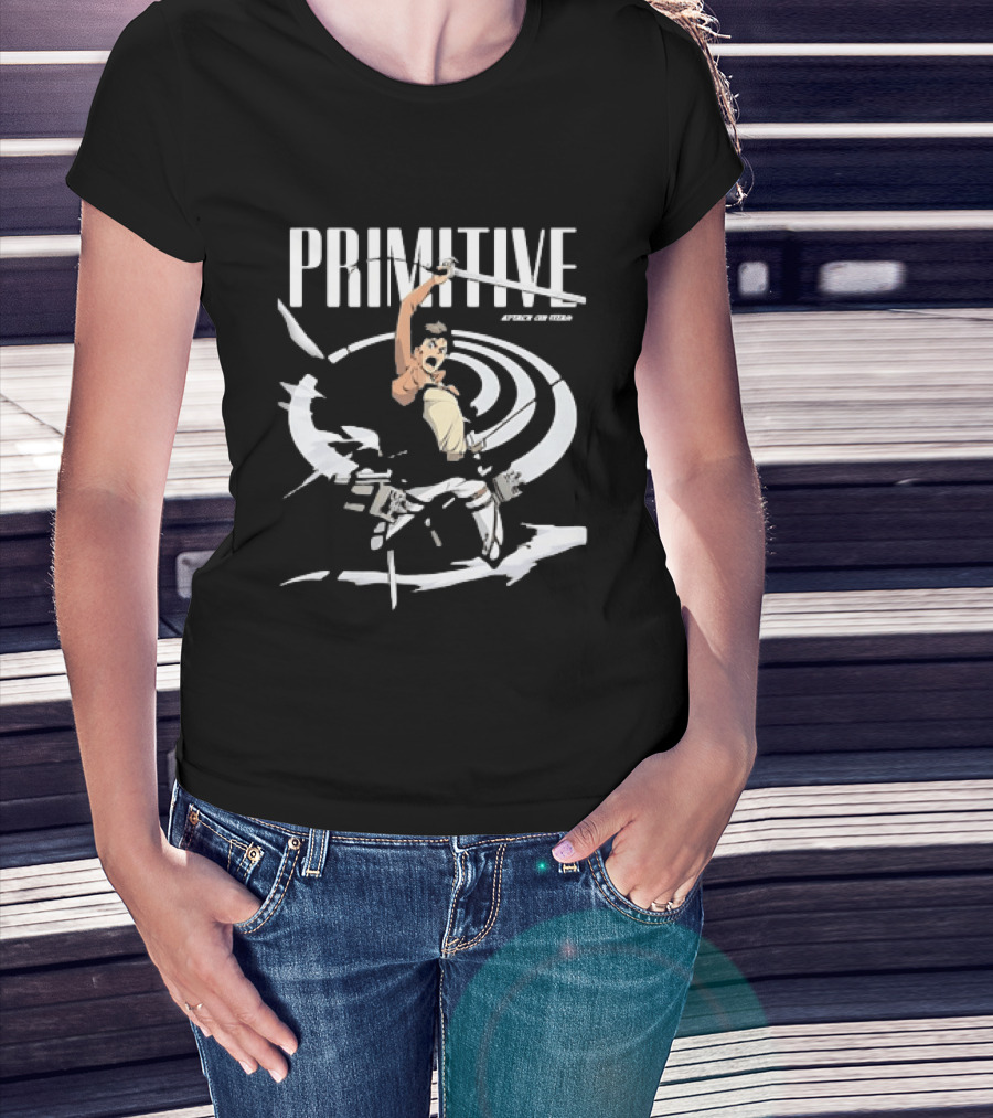 Primitive Attack On Titan Eren Yeager Swinging Sword Shingeki No Kyojin Adventure T-Shirt