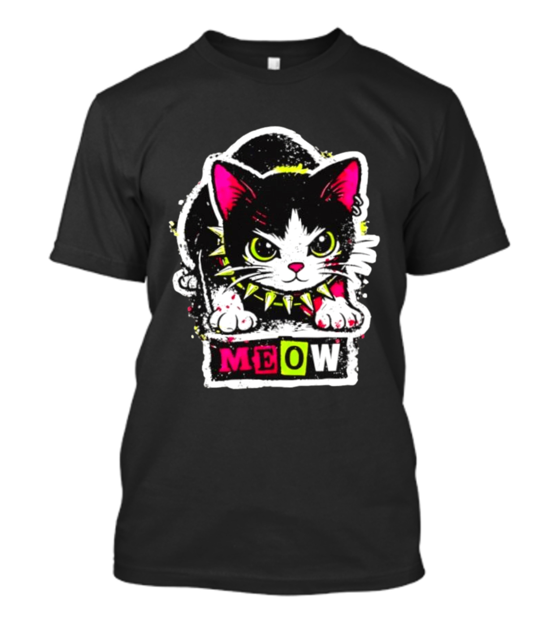 Punk Rock Cat Studded Collar Meow For Music Fans And Cat Lovers T-Shirt