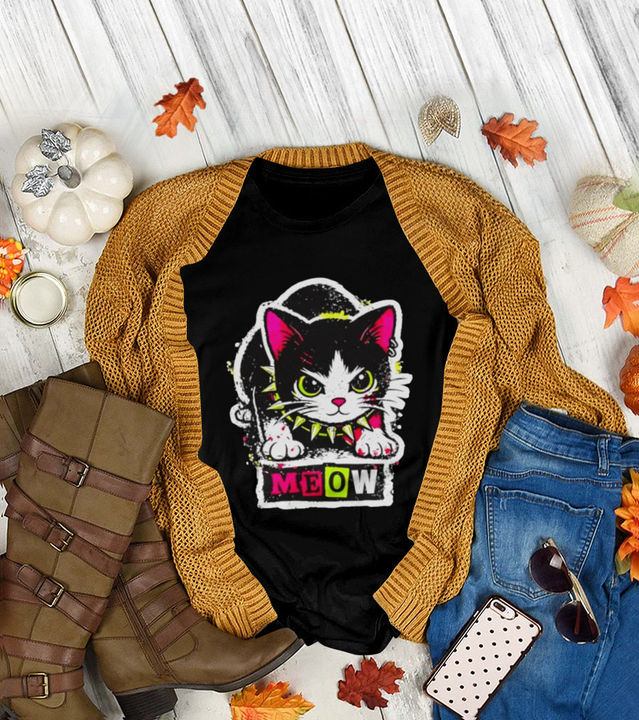 Punk Rock Cat Studded Collar Meow for Music Fans and Cat Lovers T-Shirt