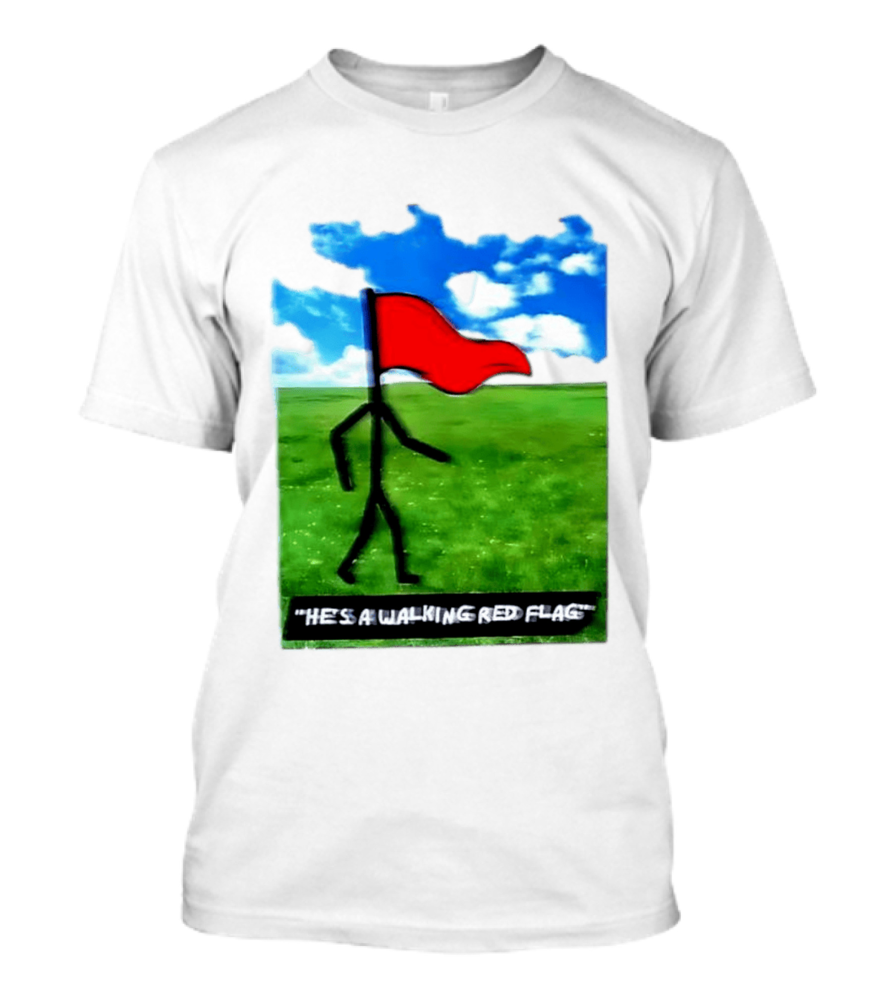 Stick Figure With Red Flag Walking In Field With Blue Sky T-Shirt