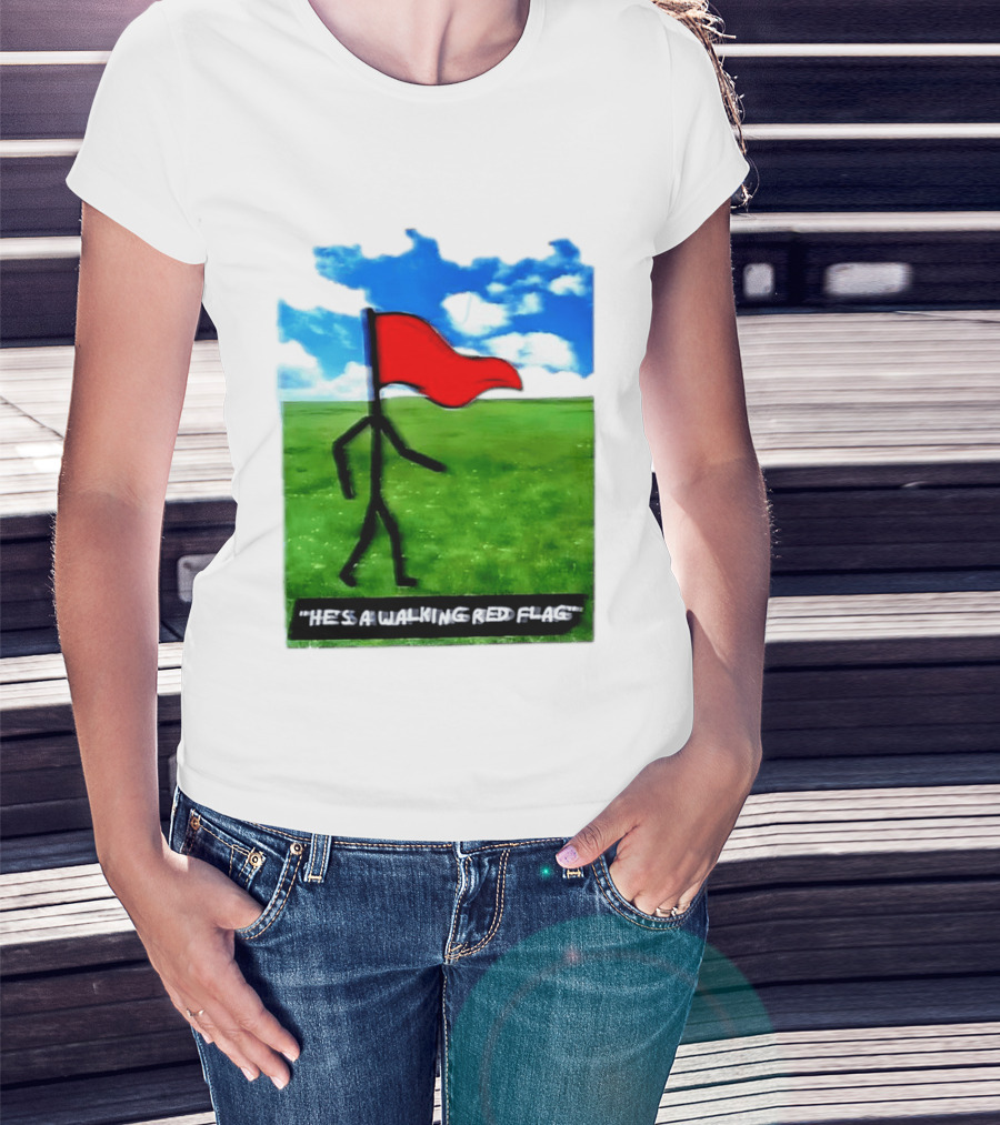 Stick Figure With Red Flag Walking In Field With Blue Sky T-Shirt