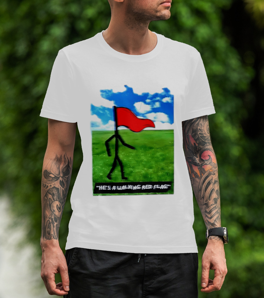 Stick Figure With Red Flag Walking In Field With Blue Sky T-Shirt