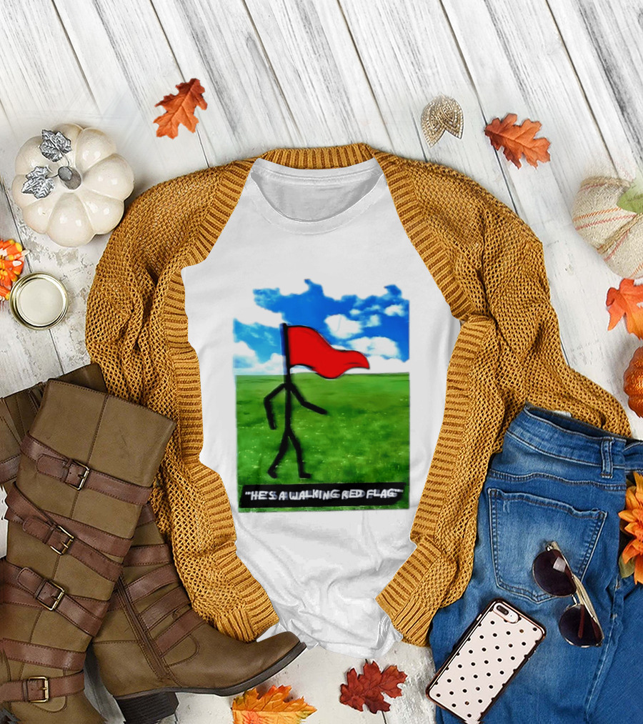 Stick Figure with Red Flag Walking in Field with Blue Sky T-Shirt