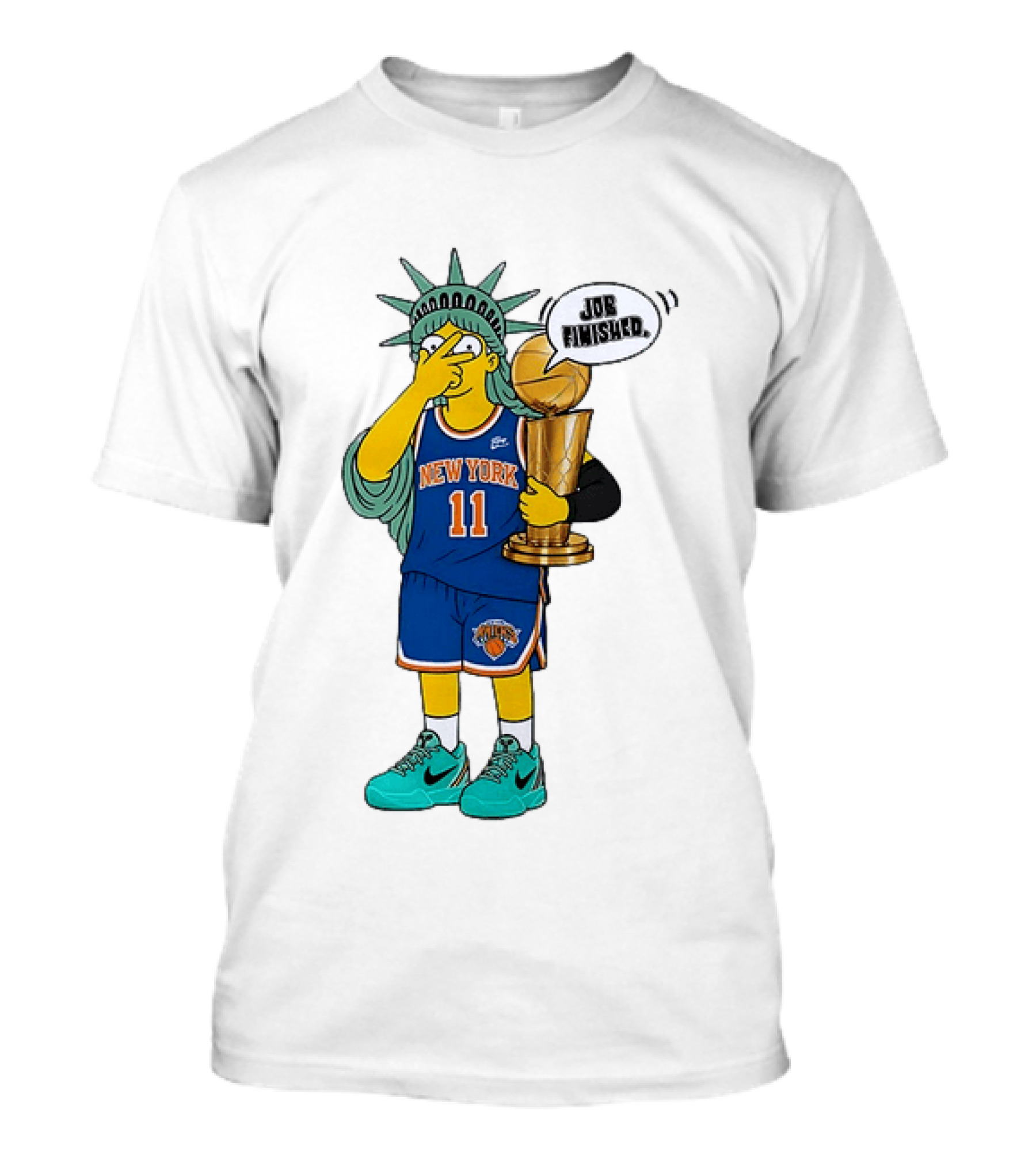 Statue Of Liberty Simpsons Jalen Brunson Hug Trophy New York Knicks Job Finished 2026 NBA Championship T-Shirt