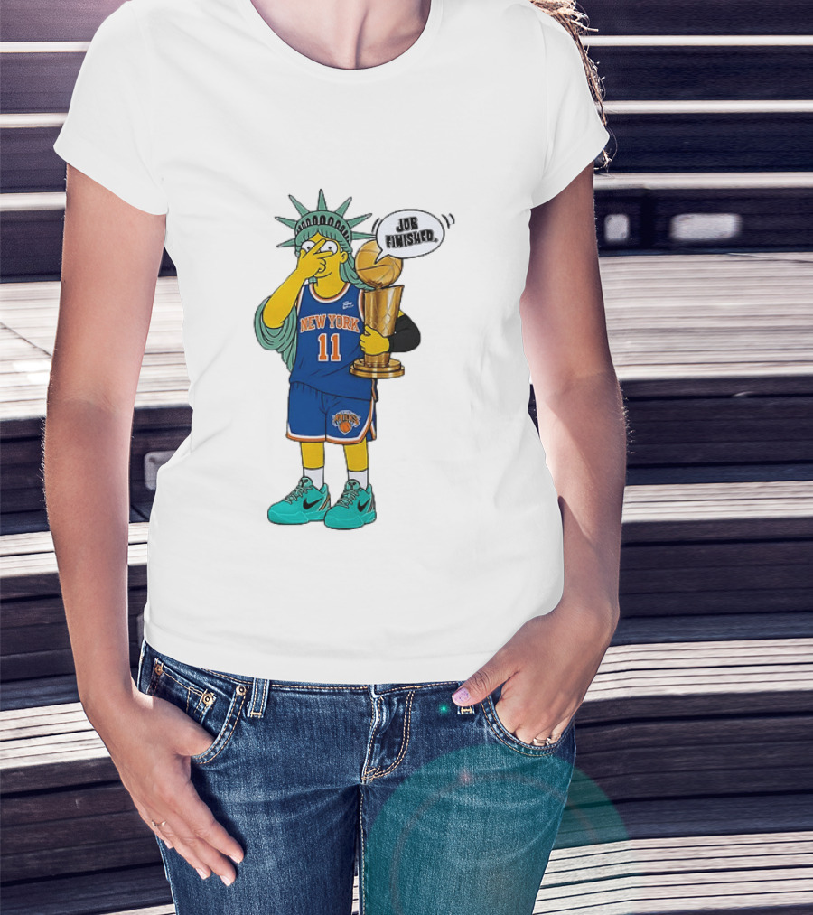 Statue Of Liberty Simpsons Jalen Brunson Hug Trophy New York Knicks Job Finished 2026 NBA Championship T-Shirt