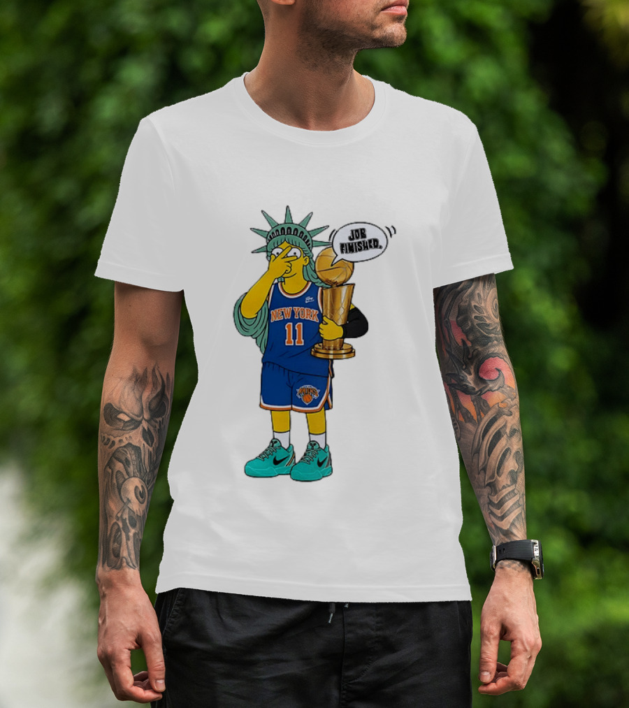 Statue Of Liberty Simpsons Jalen Brunson Hug Trophy New York Knicks Job Finished 2026 NBA Championship T-Shirt