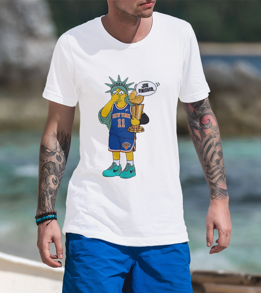 Statue Of Liberty Simpsons Jalen Brunson Hug Trophy New York Knicks Job Finished 2026 NBA Championship T-Shirt