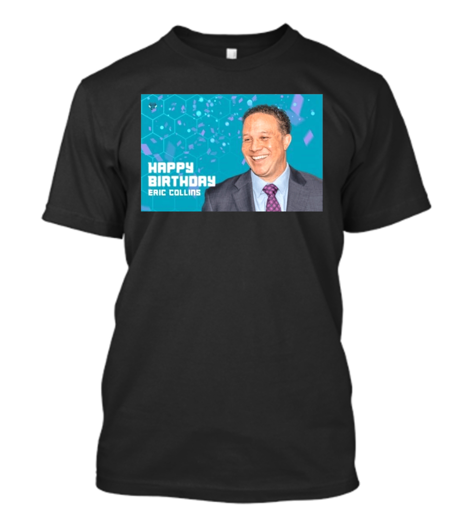 Happy 57th Birthday Eric Collins Celebration With Smiling Man And Turquoise Hexagonal T-Shirt