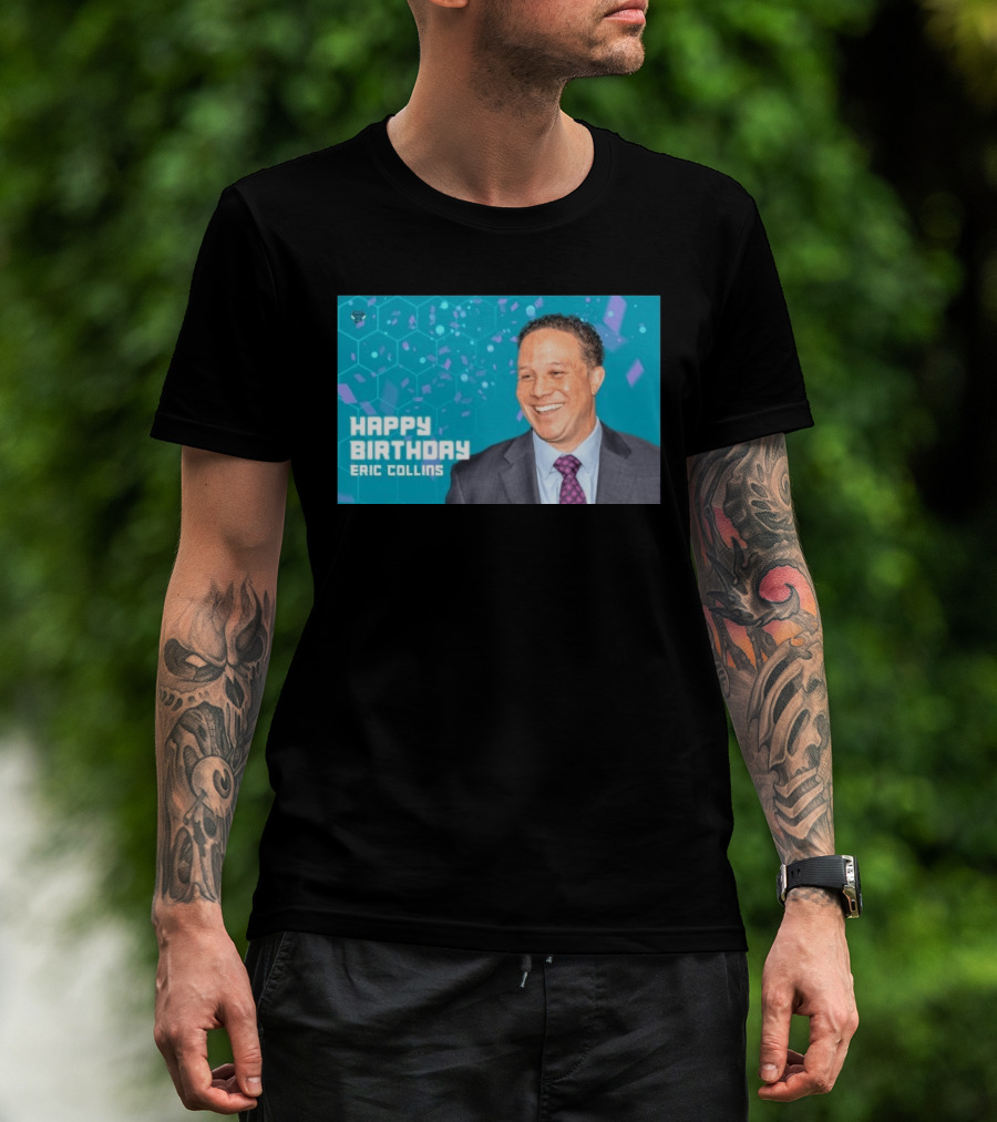 Happy 57th Birthday Eric Collins Celebration With Smiling Man And Turquoise Hexagonal T-Shirt