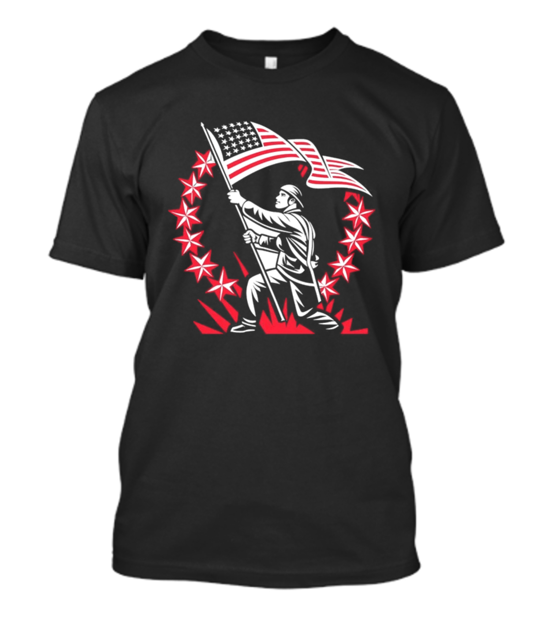 American Soldier Raising Flag USA Pride Patriotic Stars T-Shirt