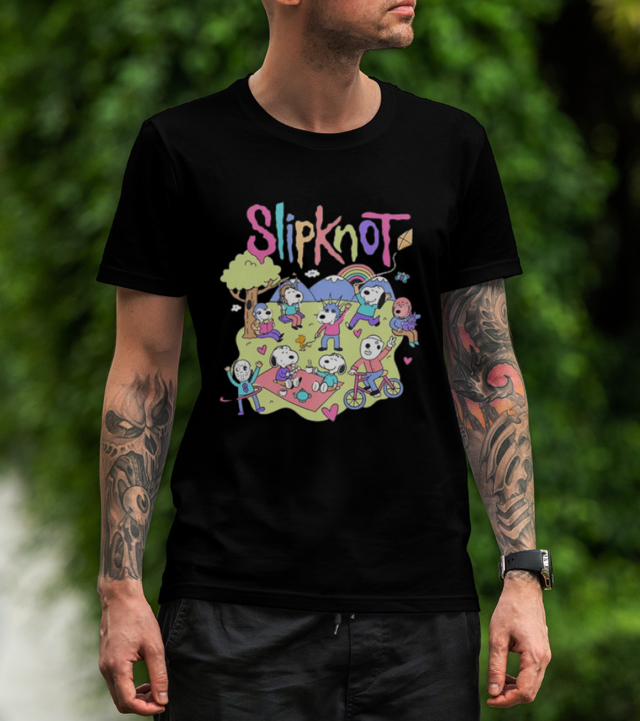 Snoopy Peanuts Characters Playing In Park With Slipknot T-Shirt