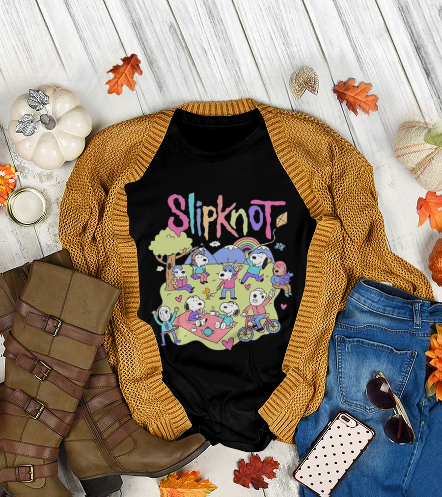 Snoopy Peanuts Characters Playing in Park with Slipknot T-Shirt