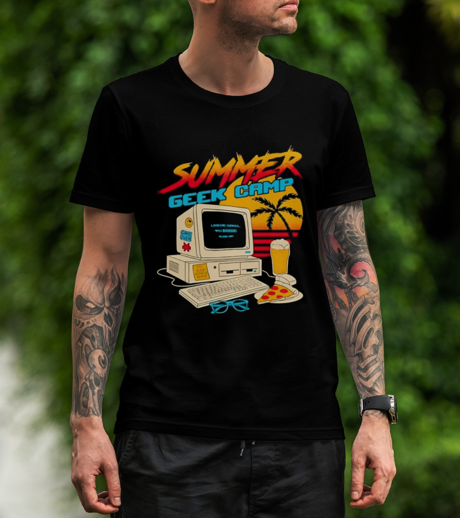 Summer Geek Camp Retro Computer Pizza And Palm Vibes T-Shirt