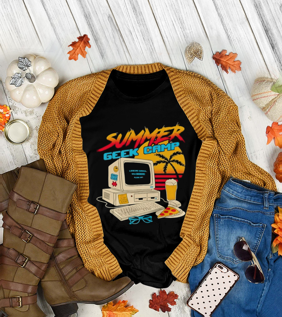 Summer Geek Camp Retro Computer Pizza and Palm Vibes T-Shirt