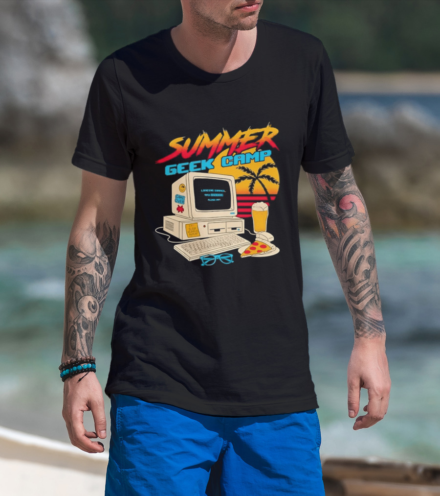 Summer Geek Camp Retro Computer Pizza And Palm Vibes T-Shirt