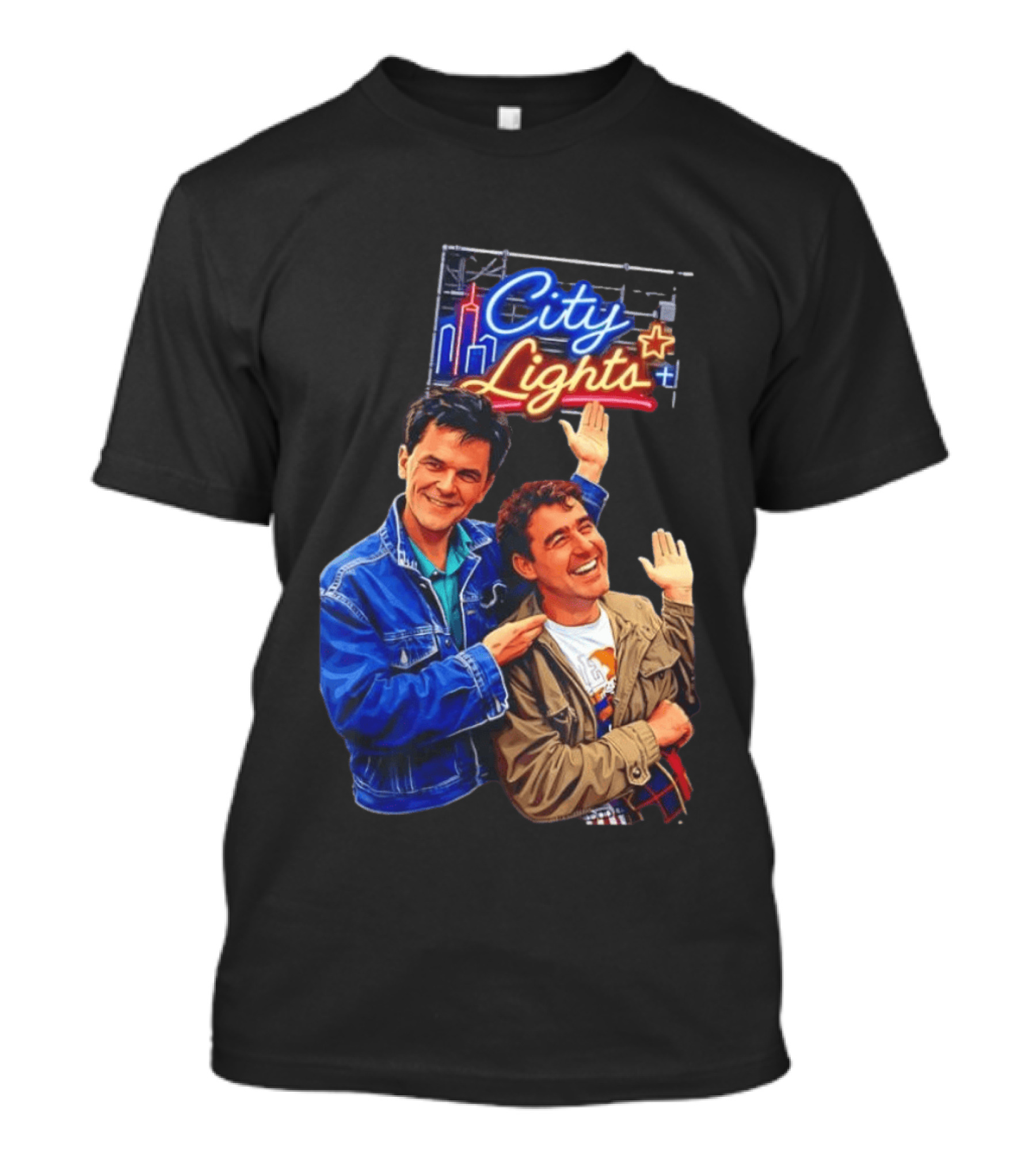 Two Men Smiling And Waving City Lights Neon Sign T-Shirt