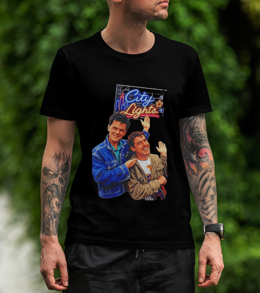 Two Men Smiling And Waving City Lights Neon Sign T-Shirt