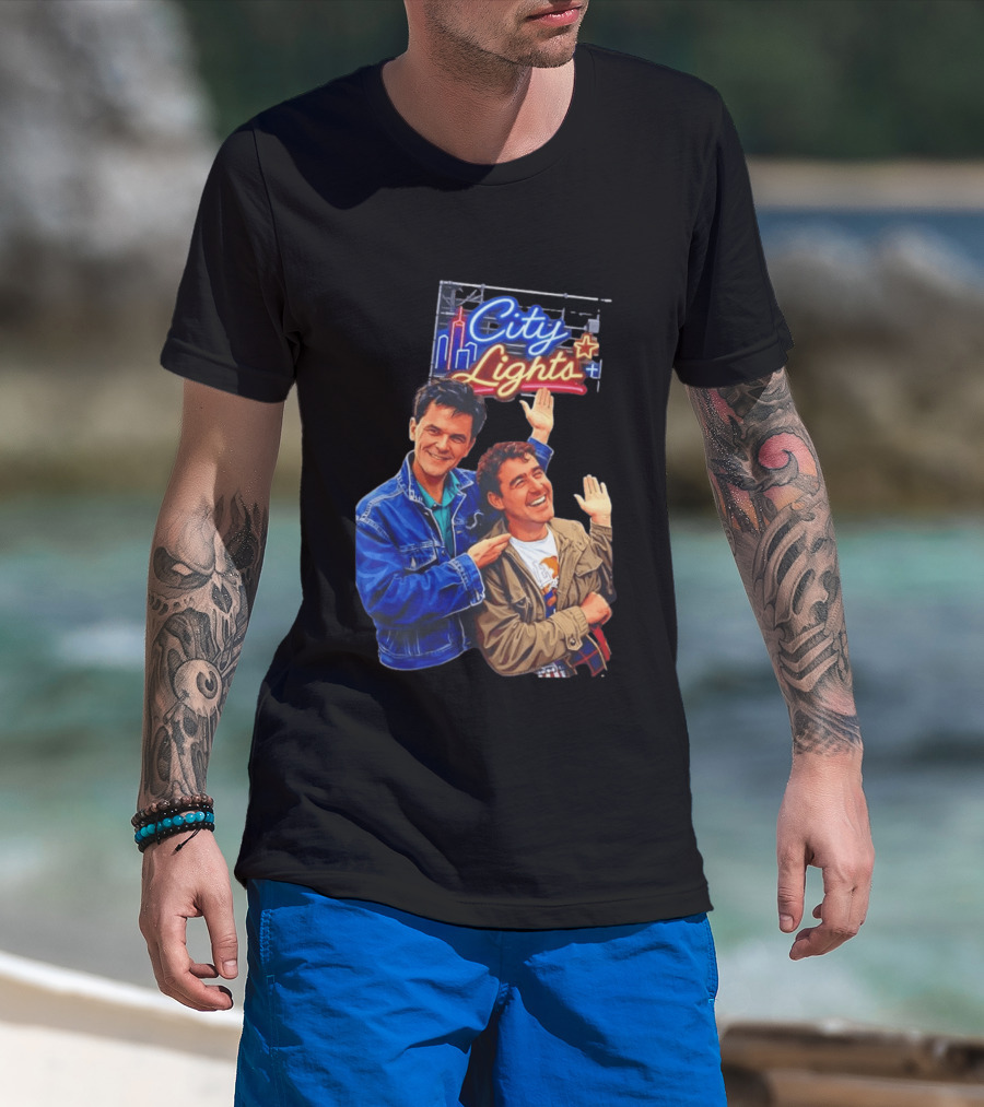 Two Men Smiling And Waving City Lights Neon Sign T-Shirt