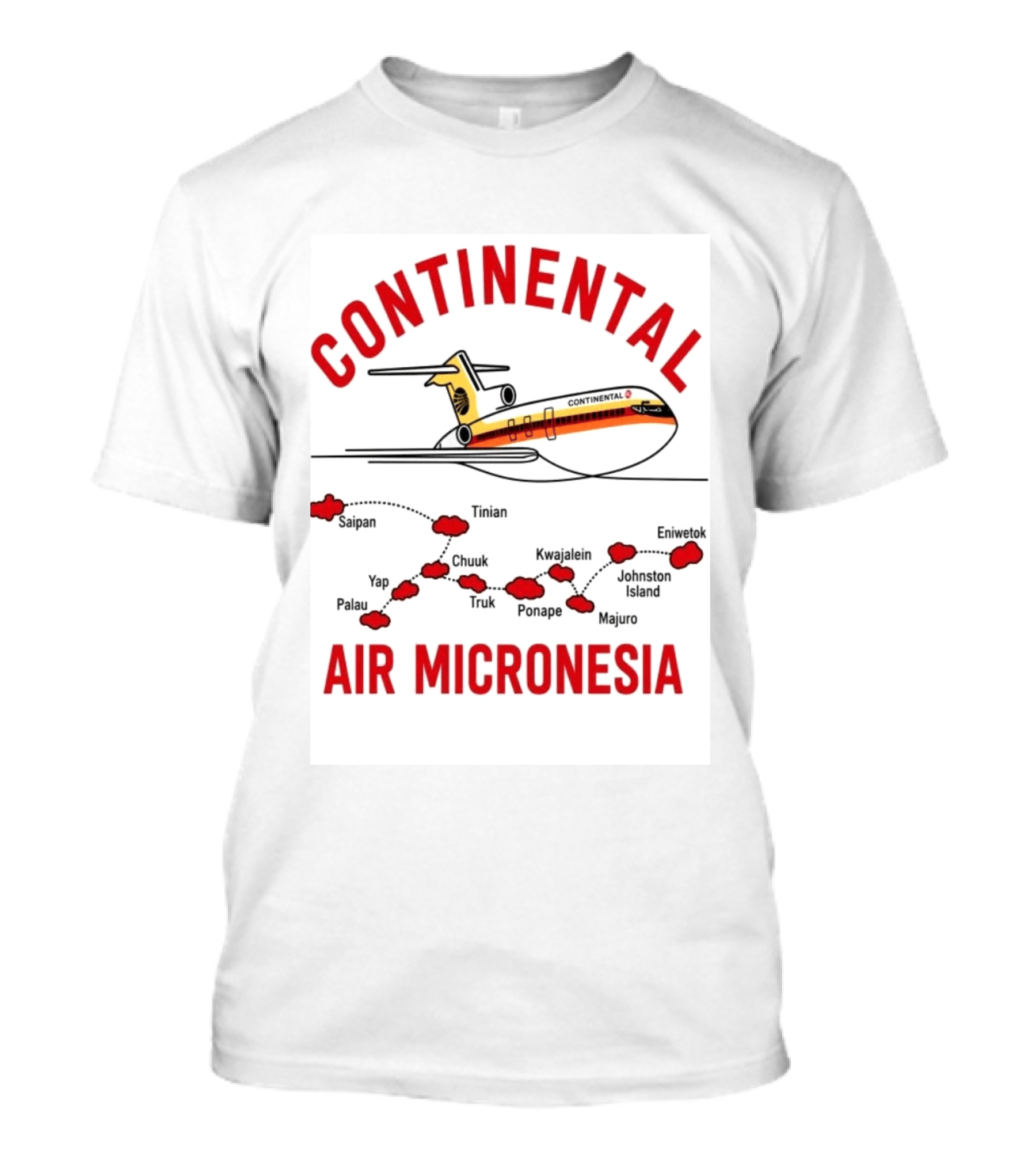 Continental Air Micronesia Boeing 727 Route Map Saipan Palau Truk Majuro Kwajalein T-Shirt