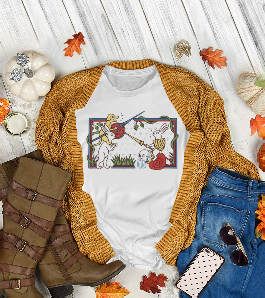 Medieval Dog and Rabbit Jousting Battle Scene with Snail and Sword T-Shirt
