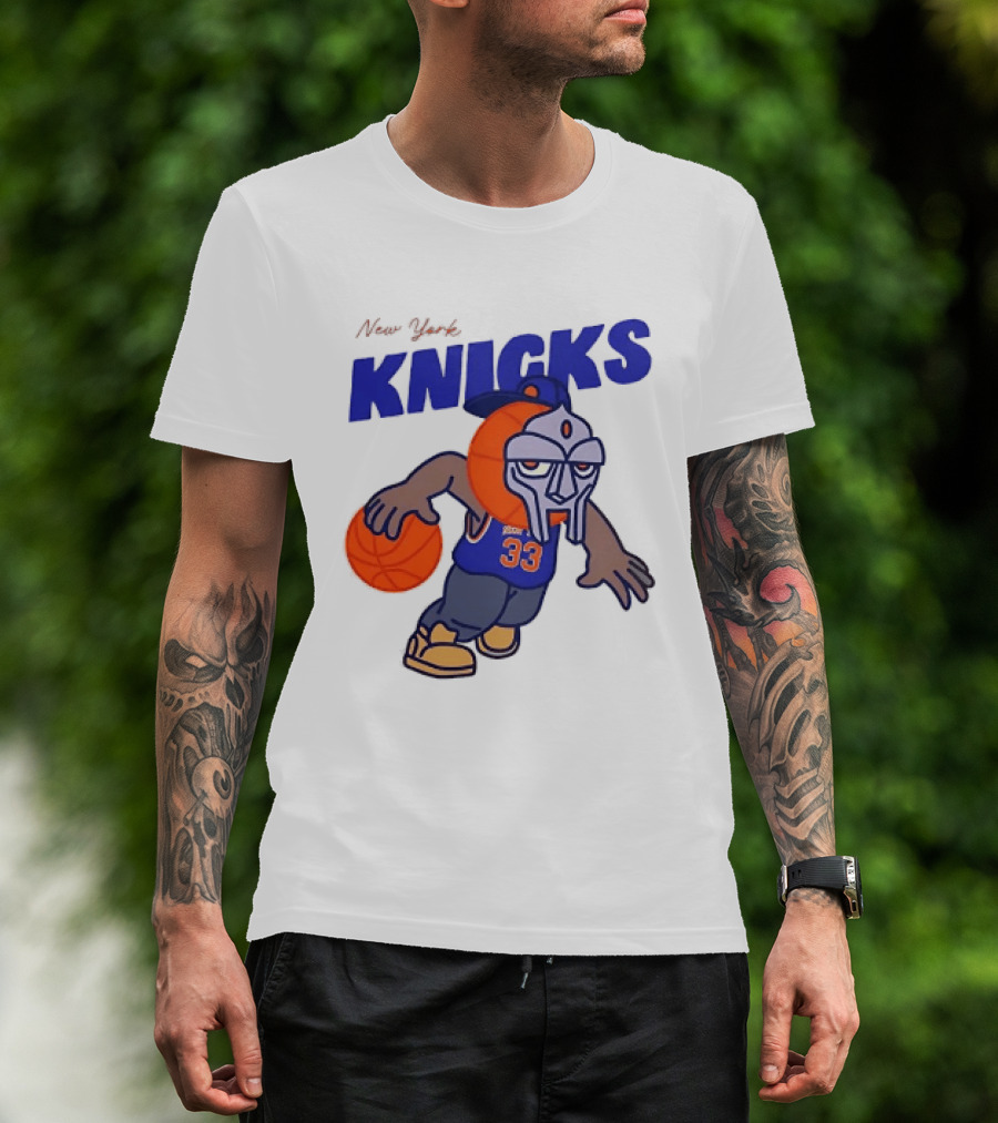 New York Knicks MF DOOM Basketball Mask Number 33 Dribbling T-Shirt