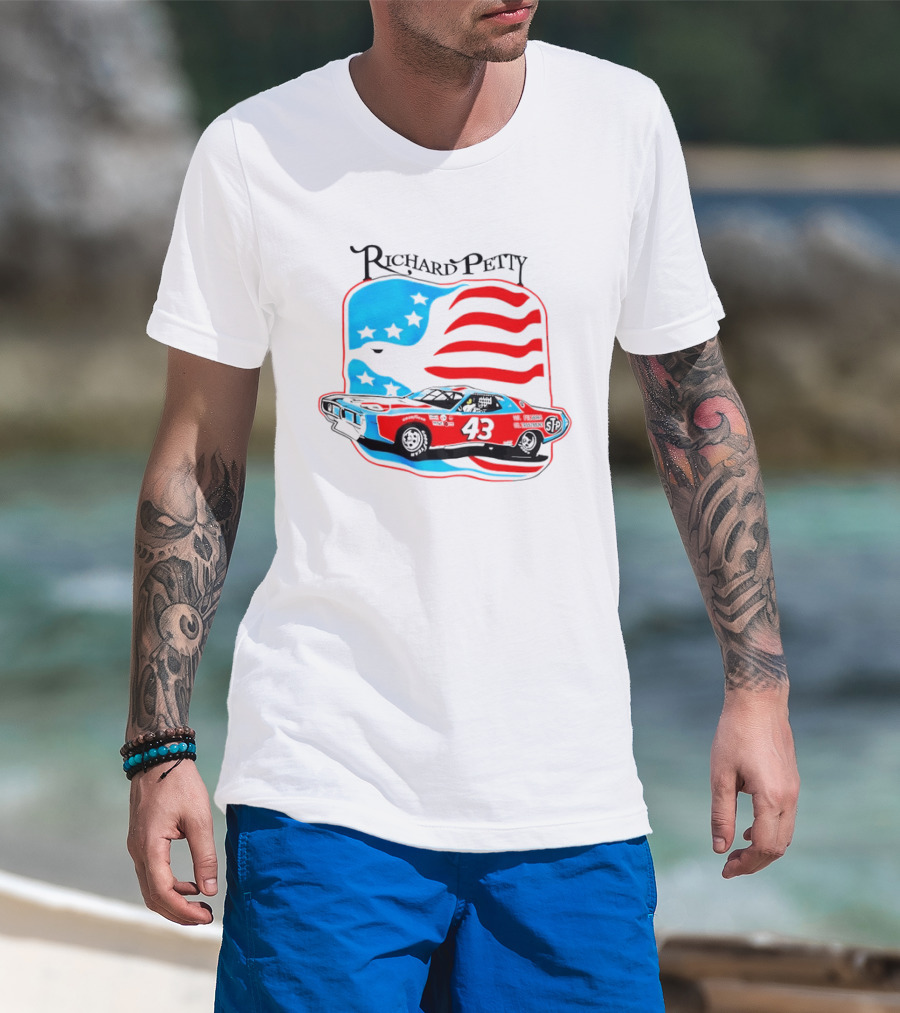 Richard Petty NASCAR Racing Car 43 STP American Flag T-Shirt
