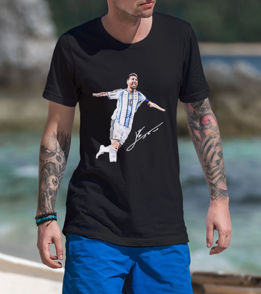 Lionel Messi 10 Argentina Jersey Signature Soccer Legend Celebration T-Shirt