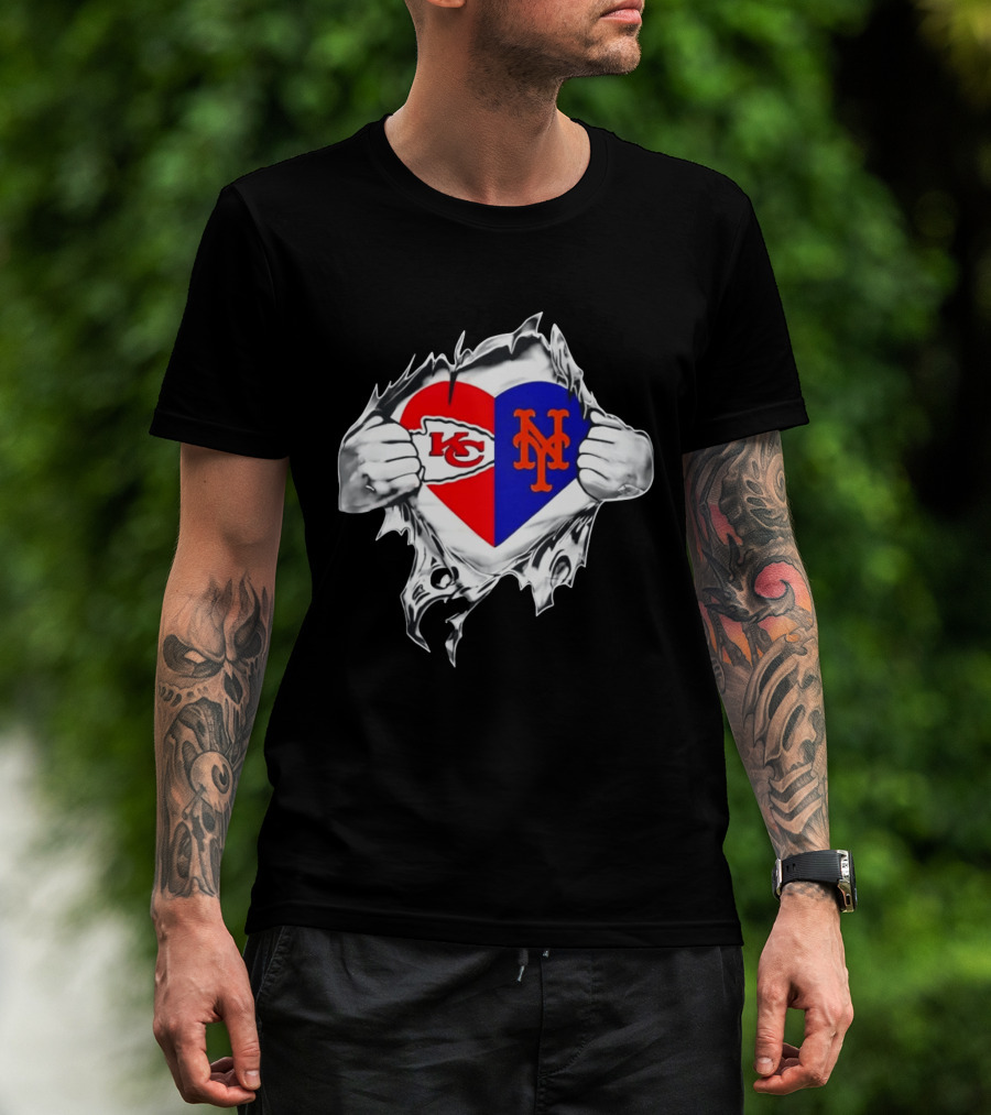 Kansas City Chiefs New York Mets Heart Torn Chest Combo T-Shirt
