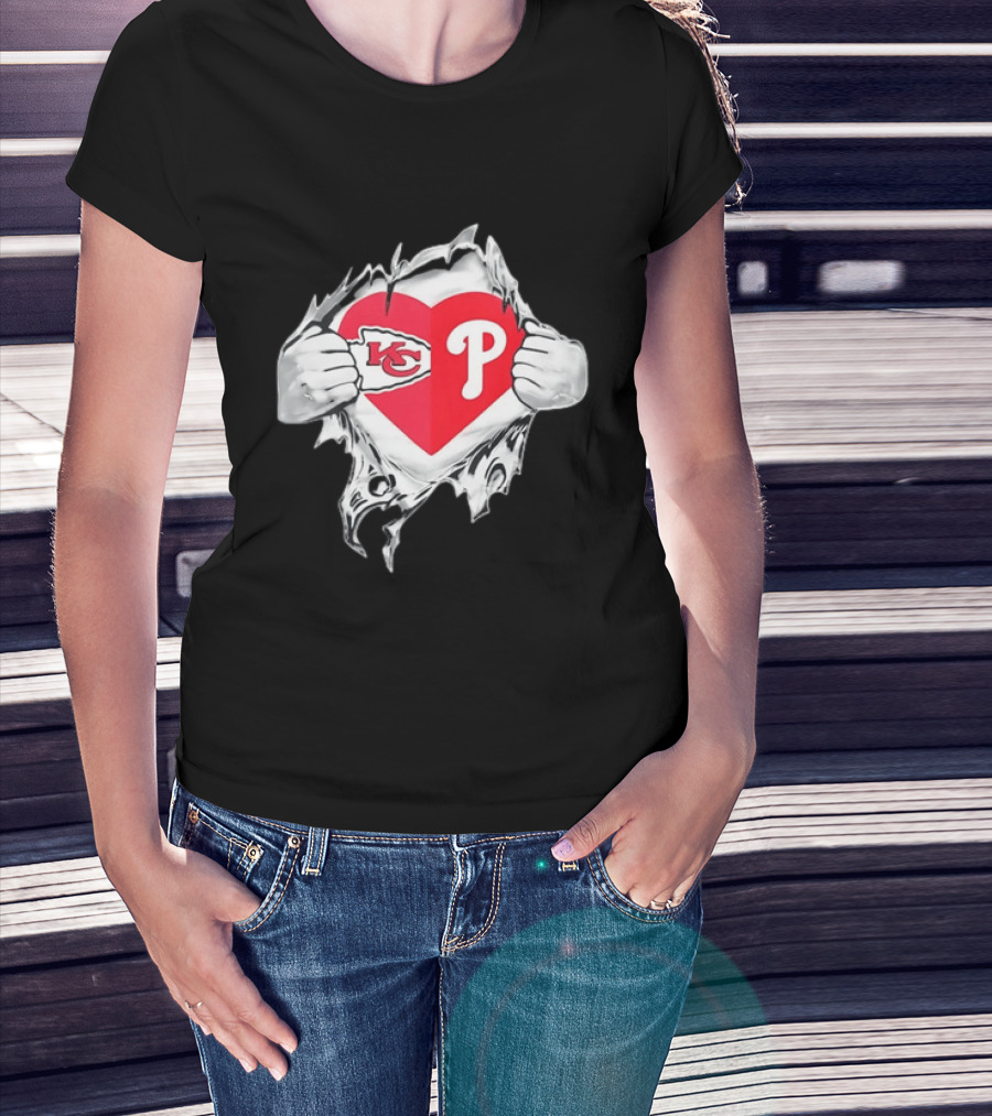 KC Phillies Rip Heart Chiefs Phillies Fan T-Shirt
