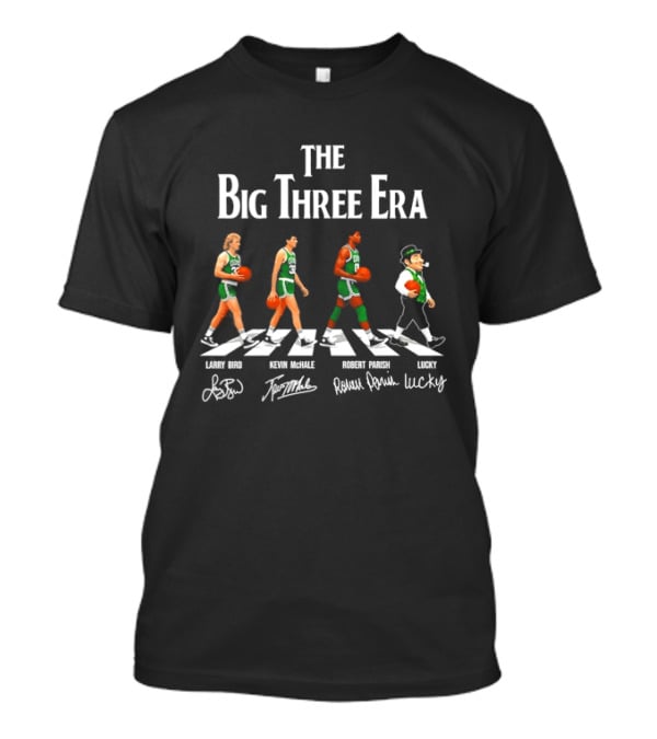 The Big Three Era Larry Bird Kevin McHale Robert Parish Lucky Walking Signatures T-Shirt