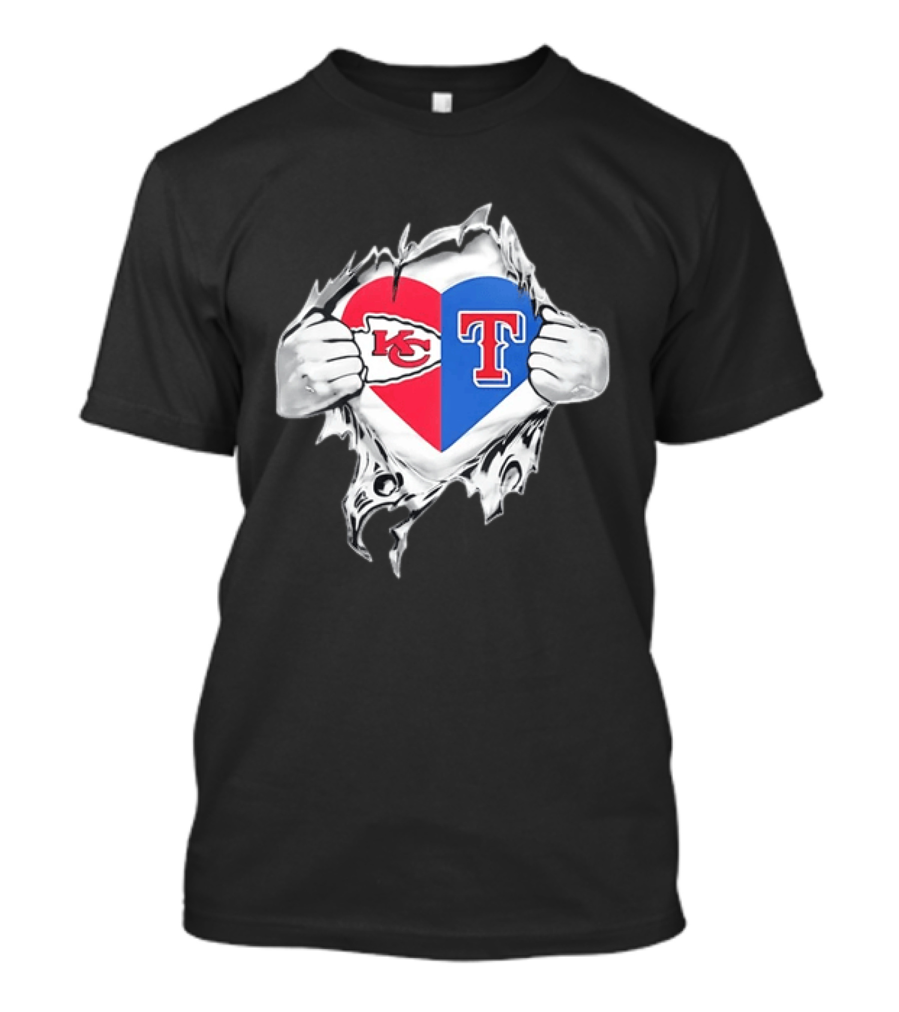 Kansas City Chiefs Texas Rangers Heart Rip Open T-Shirt
