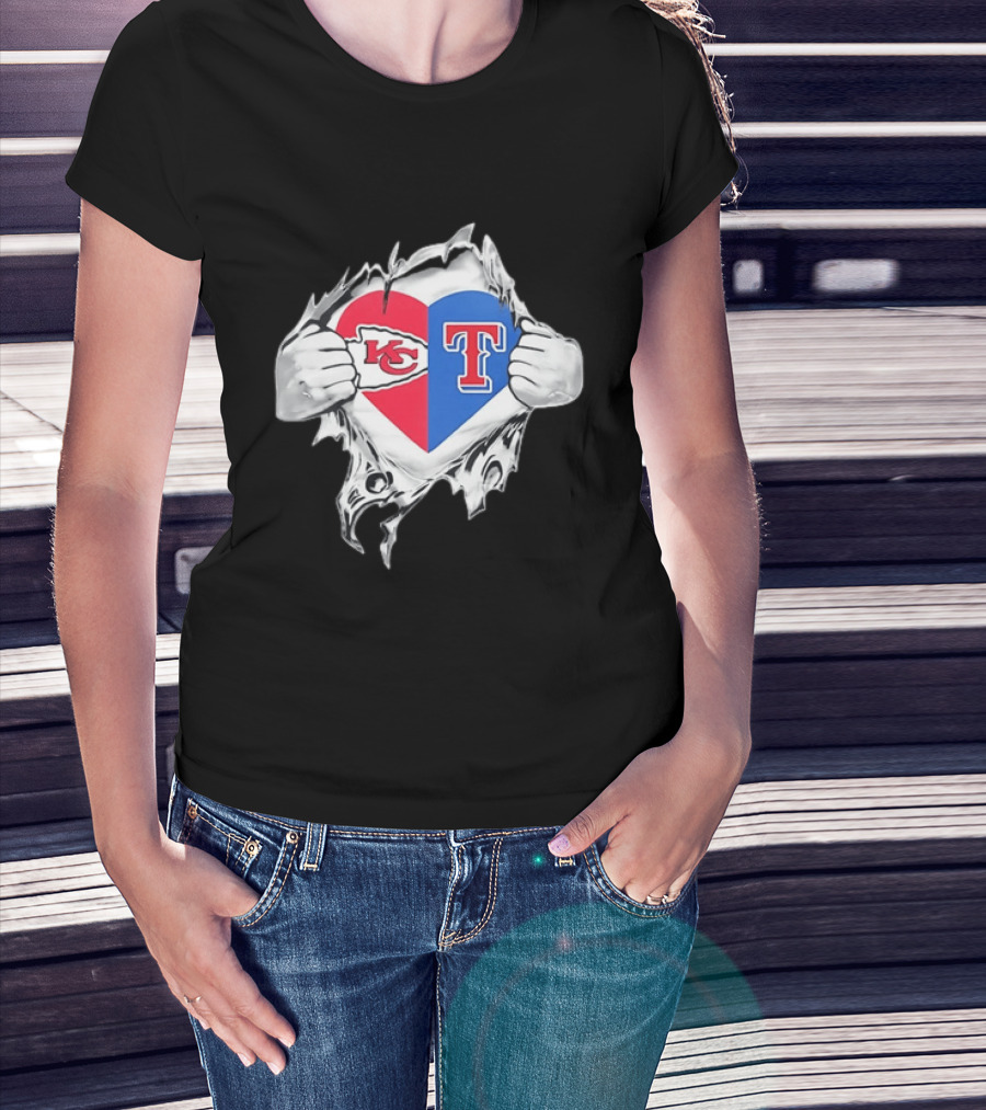 Kansas City Chiefs Texas Rangers Heart Rip Open T-Shirt