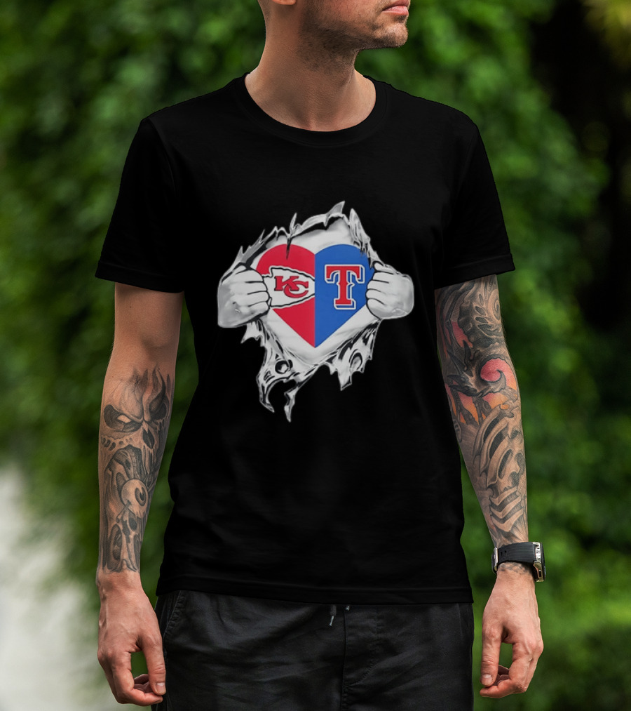 Kansas City Chiefs Texas Rangers Heart Rip Open T-Shirt