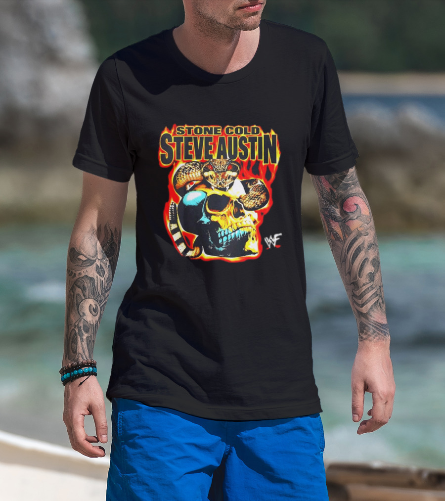 Stone Cold Steve Austin Flaming Skull Snake WWF T-Shirt