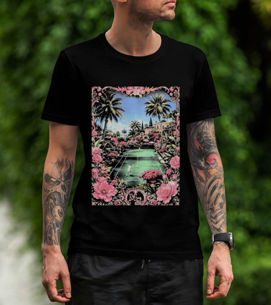 Tennis Players On Mansion Court MS Initials With Pink Floral Frame T-Shirt