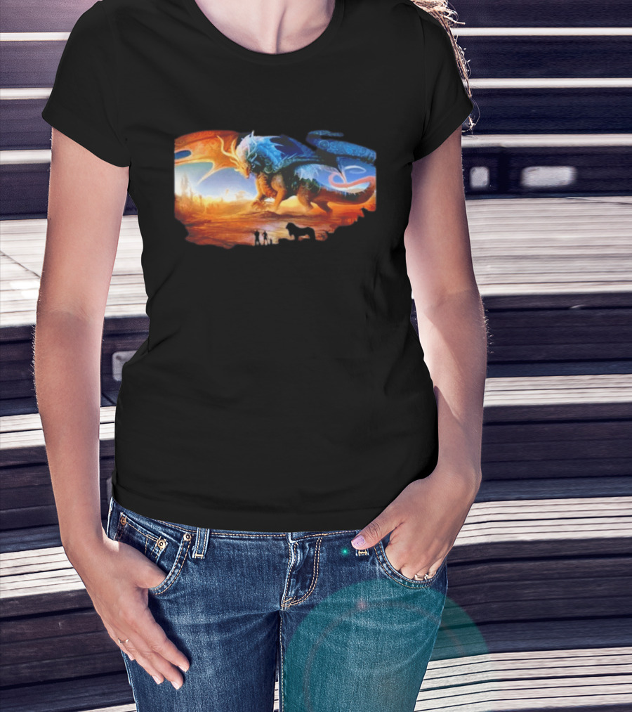 Giant Dragon In Radiant Golden Light With Blue And Orange Wings T-Shirt