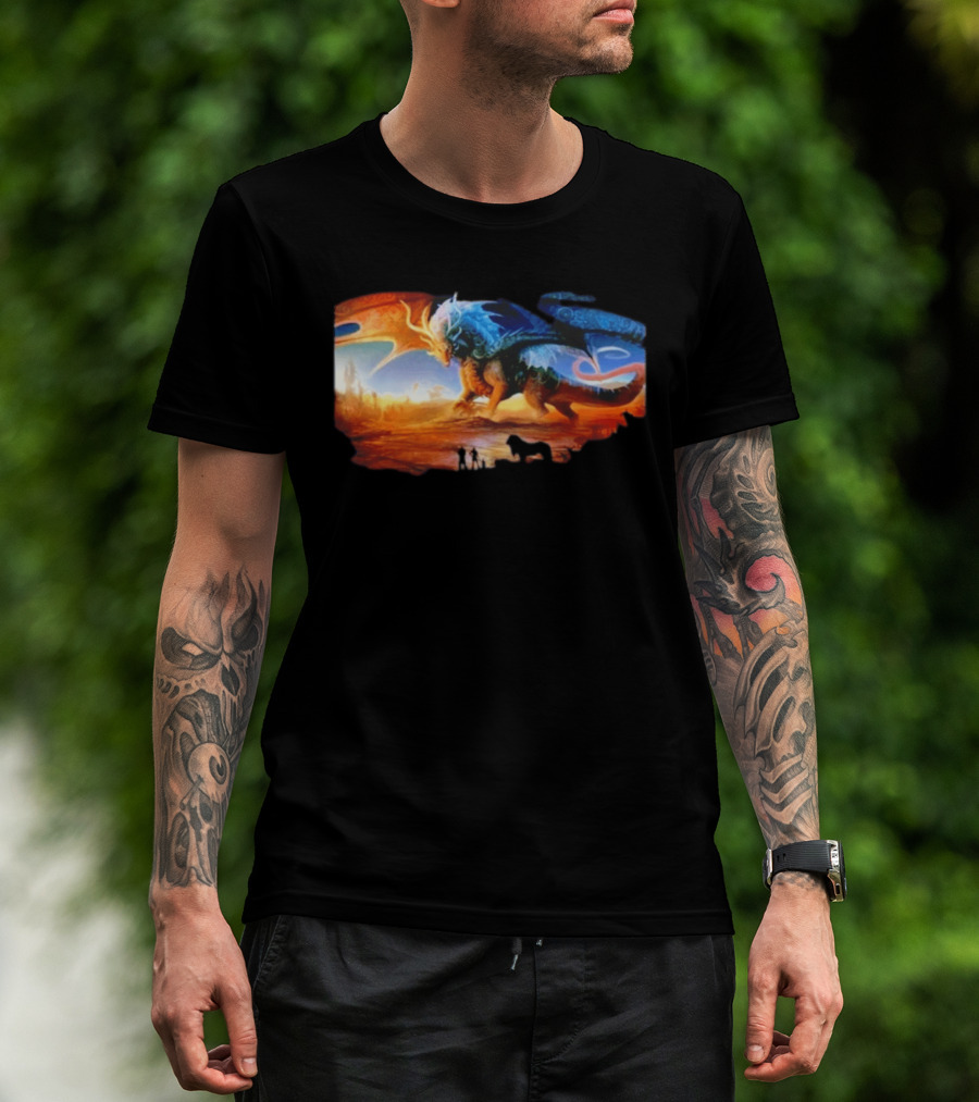 Giant Dragon In Radiant Golden Light With Blue And Orange Wings T-Shirt