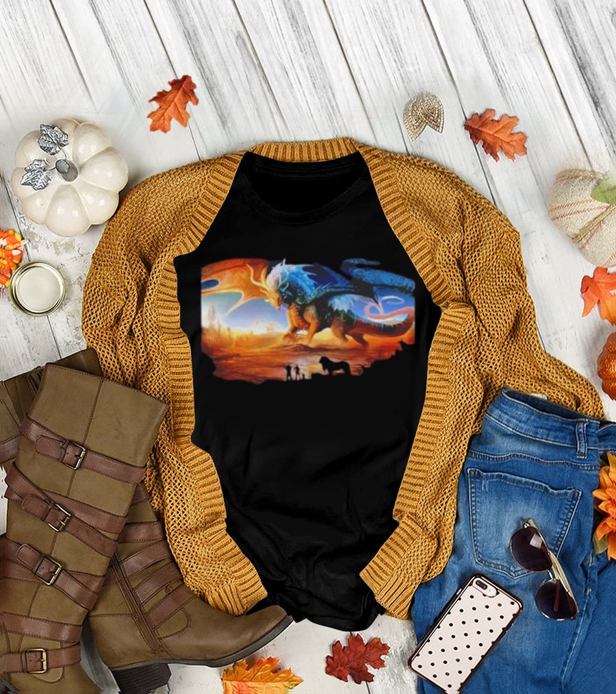 Giant Dragon In Radiant Golden Light With Blue And Orange Wings T-Shirt