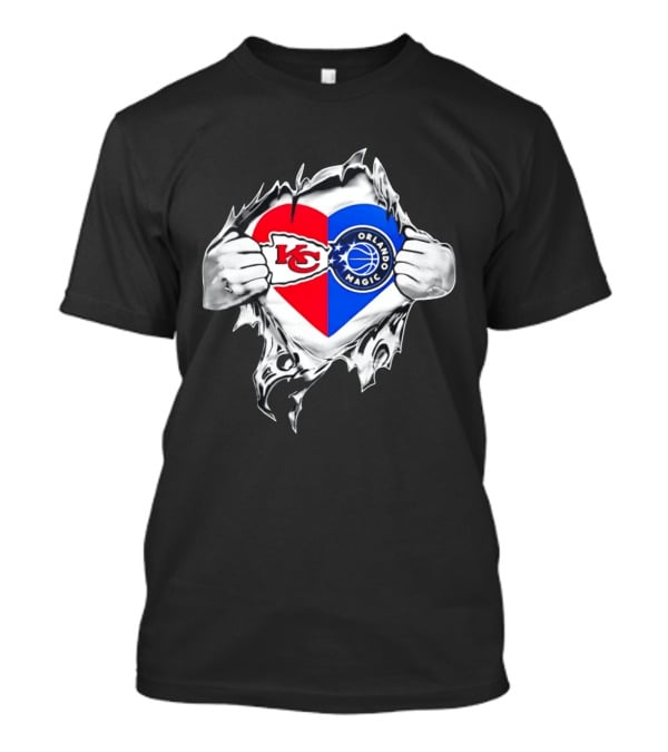 Kansas City Chiefs And Orlando Magic Heart Tear Open T-Shirt