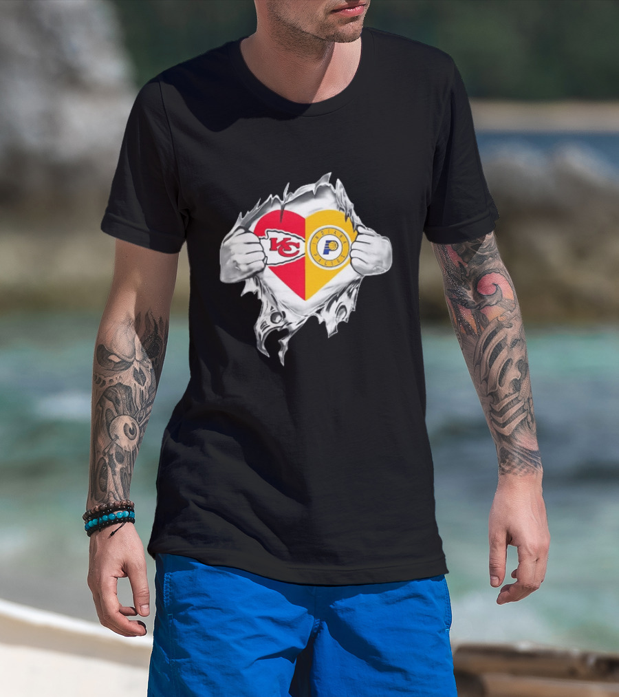 Kansas City Chiefs Indiana Pacers Heart Torn Open T-Shirt