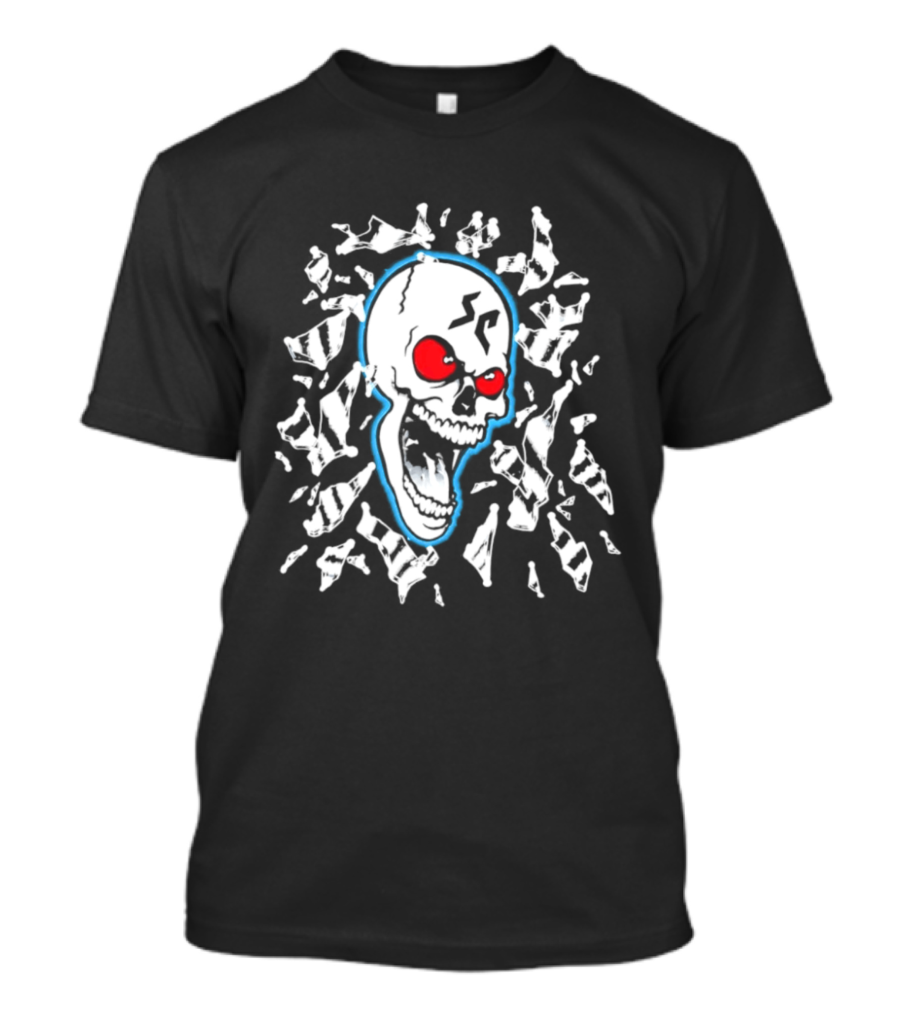 SC Skull Breaking Glass Explosive Red Eyes Fractured Blue T-Shirt