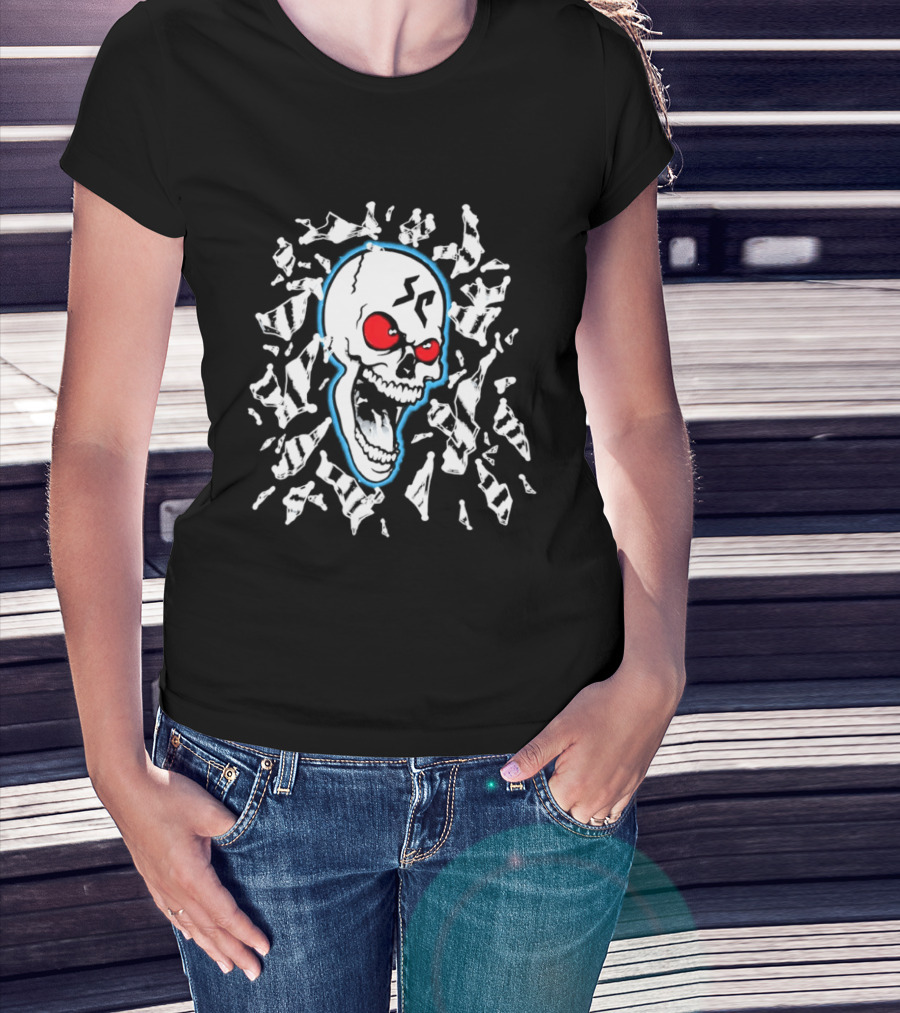 SC Skull Breaking Glass Explosive Red Eyes Fractured Blue T-Shirt