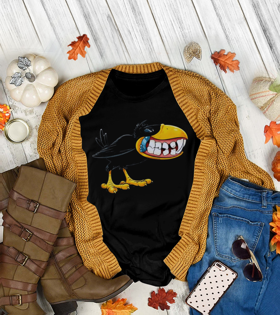 Crow with Huge Teeth Cartoon Blue Phone Green T-Shirt