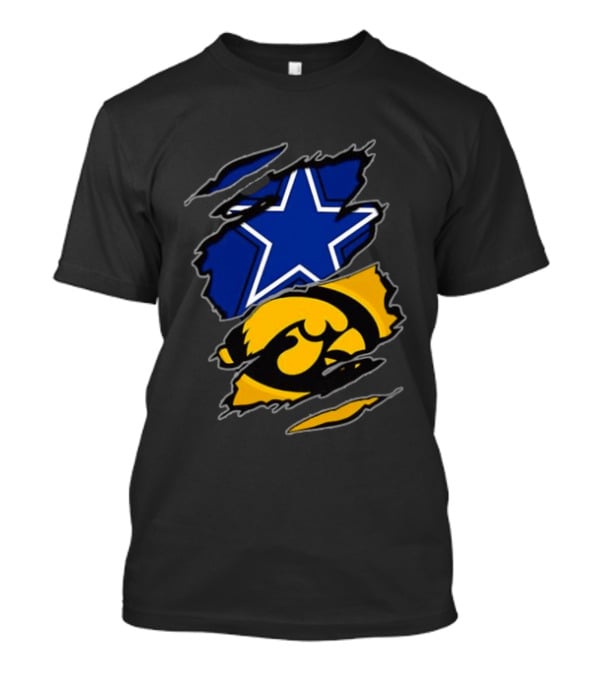 Dallas Cowboys Star And Iowa Hawkeyes Ripped Logo Sports Fan Gear T-Shirt