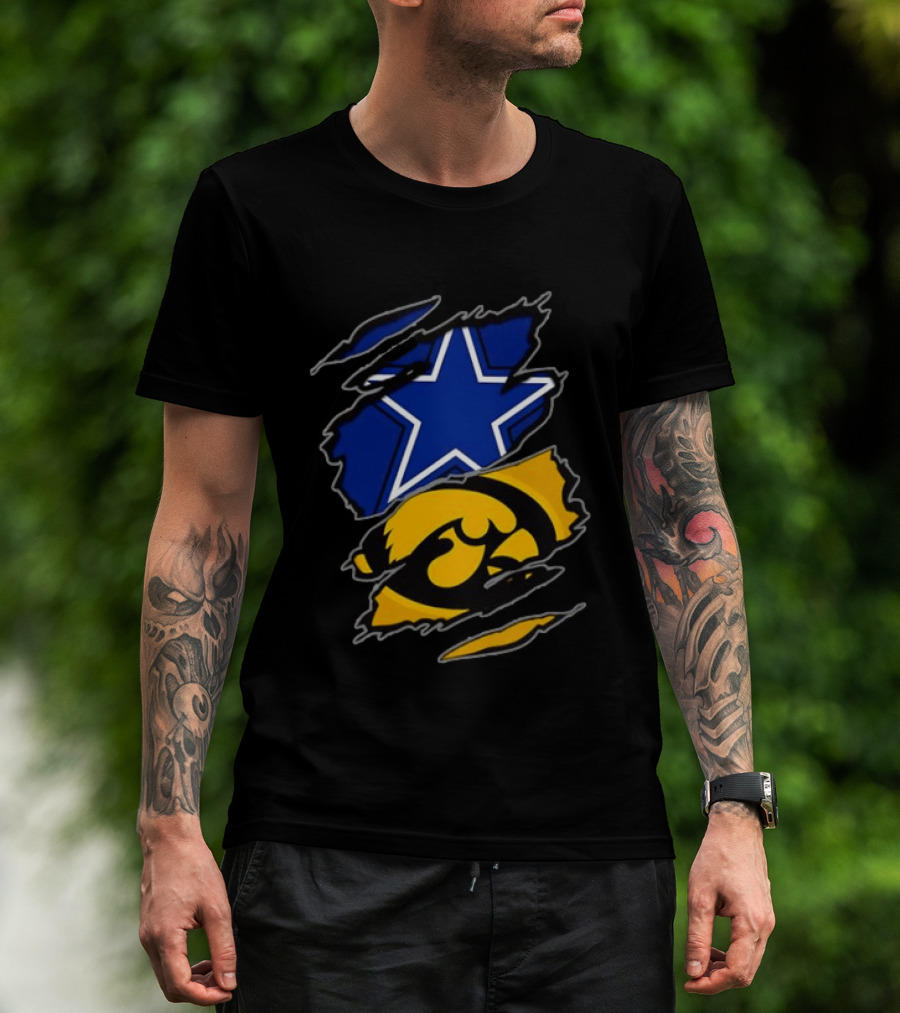 Dallas Cowboys Star And Iowa Hawkeyes Ripped Logo Sports Fan Gear T-Shirt