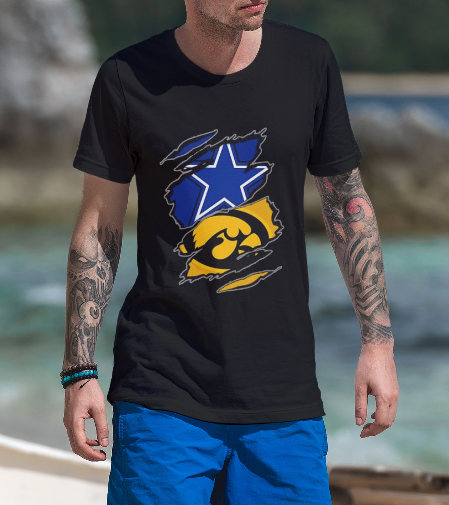 Dallas Cowboys Star And Iowa Hawkeyes Ripped Logo Sports Fan Gear T-Shirt