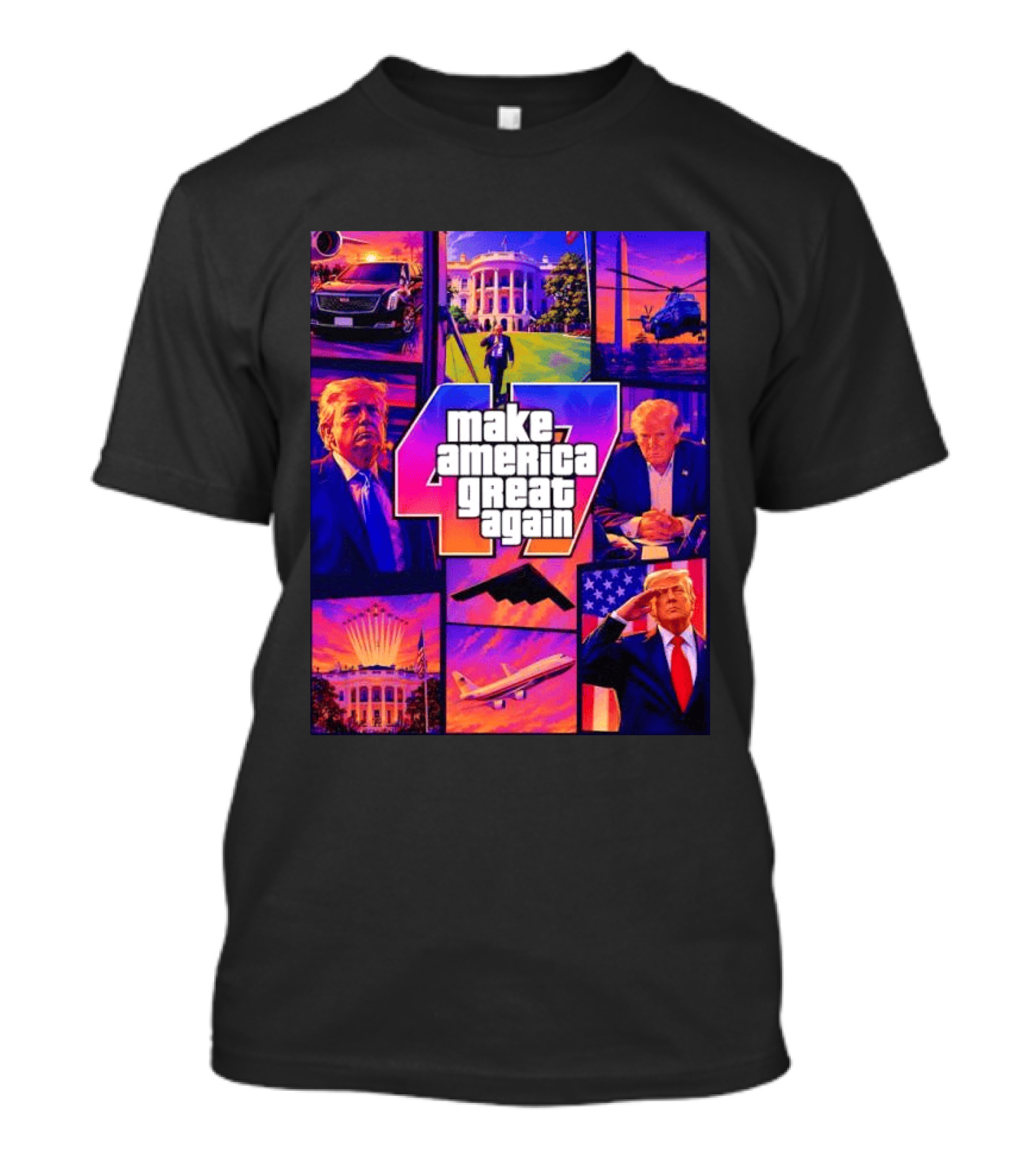 Make America Great Again GTA 47 Parody Trump White House Military Aircraft Montage T-Shirt