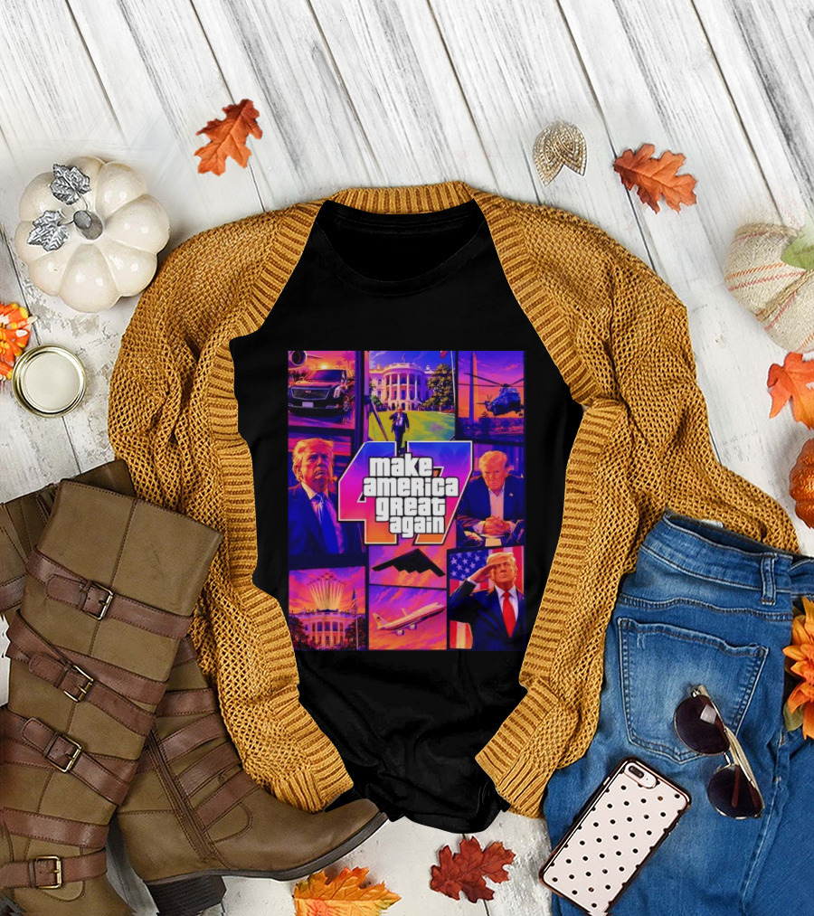 Make America Great Again GTA 47 Parody Trump White House Military Aircraft Montage T-Shirt